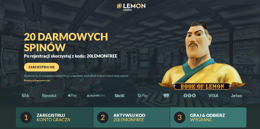 Bonus bez depozytu 20 darmowych spinów w Lemon Casino.