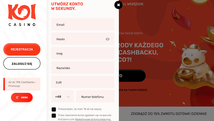 Zakładanie konta w KoiCasino