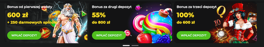 Grafika przedstawia bonus powitalny w Bet on Red podzielony na 3 części - od 3 pierwszych depozytów.