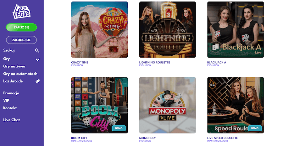 Wybór gier na żywo w kasynie online Laz Vegas
