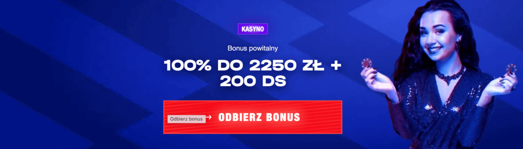 Grafika przedstawia bonus powitalny 100% do 2250 PLN i 200 darmowych spinów w Bankonbet.