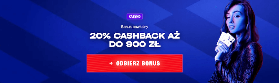 Grafika przedstawia bonus powitalny 20% cashback do 900 PLN.