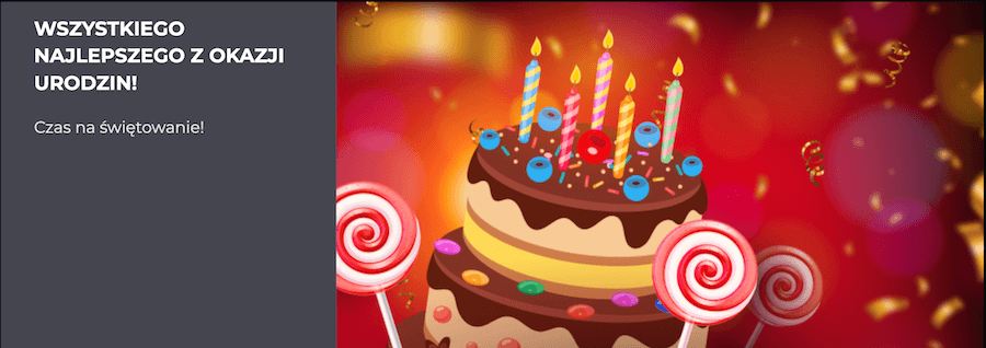 Tort urodzinowy ze świecami i napis/bonus kasyna "Wszystkiego najlepszego z okazji urodzin! Czas na świętowanie!"