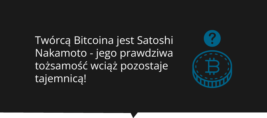 Inforgrafika informująca, że wynalazca Bitcoina - Satoshi Nakamoto - wciąż nie jest znany.