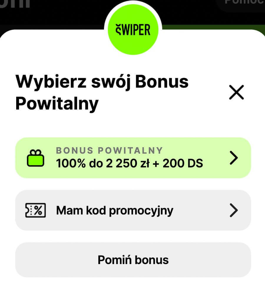 1 krok rejestracji w Swiper - wybór bonusu.