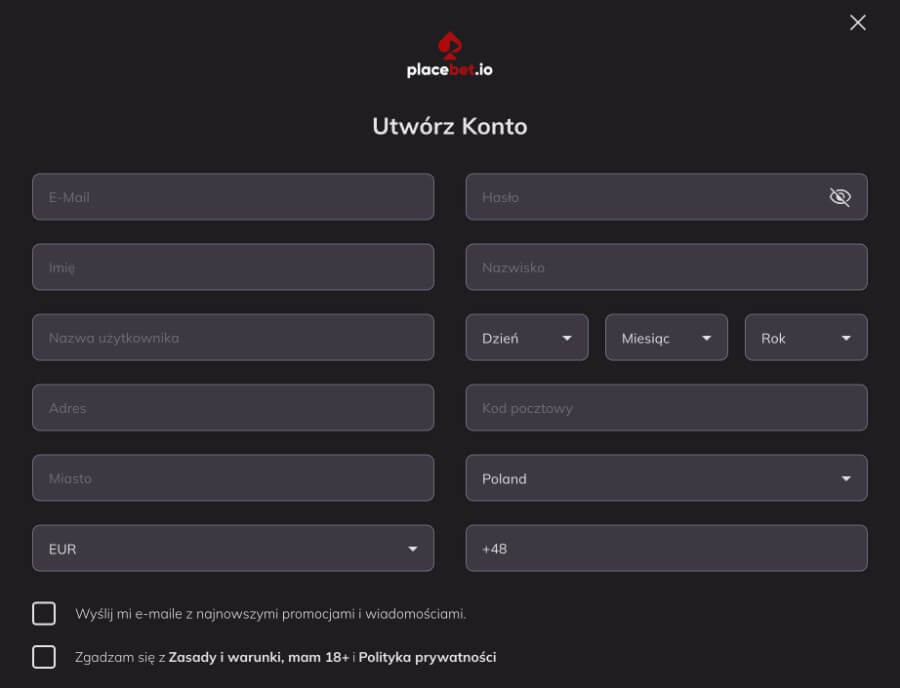 PlaceBet - rejestracja