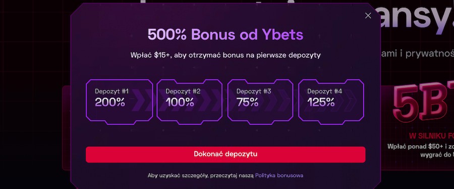 Bonus powitalny 500% w kasynie Ybets.