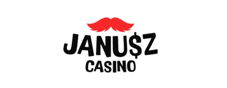 Logo Janusz Casino - czerwone wąsy na białym tle i napis "Janusz Casino"