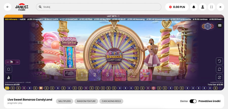 Gra na żywo Sweet Bonanza Candyland w Janusz Casino.