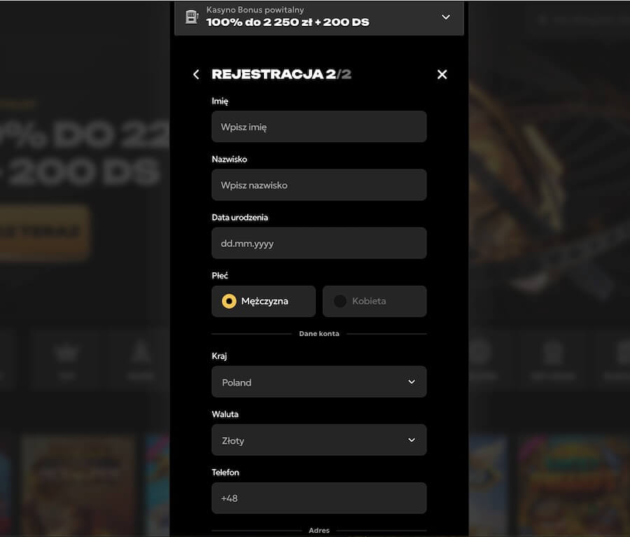 Okno rejestracji w kasynie Spinsy.