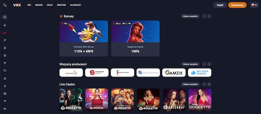 Bonusy i kasyno na żywo w Vox Casino.