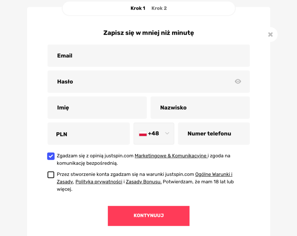 Rejestracja konta w kasynie JustSpin