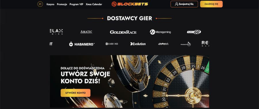 BlockBets dostawcy gier i baner "otwórz swoje konto już dziś!".