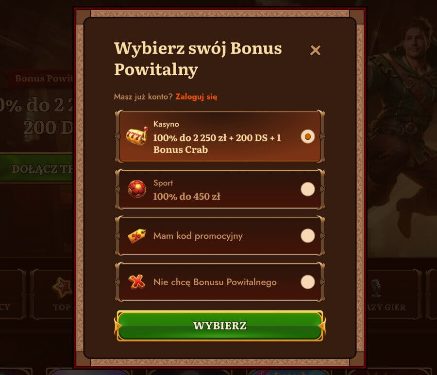 Okno wyboru bonus powitalnego w Wild Robin.