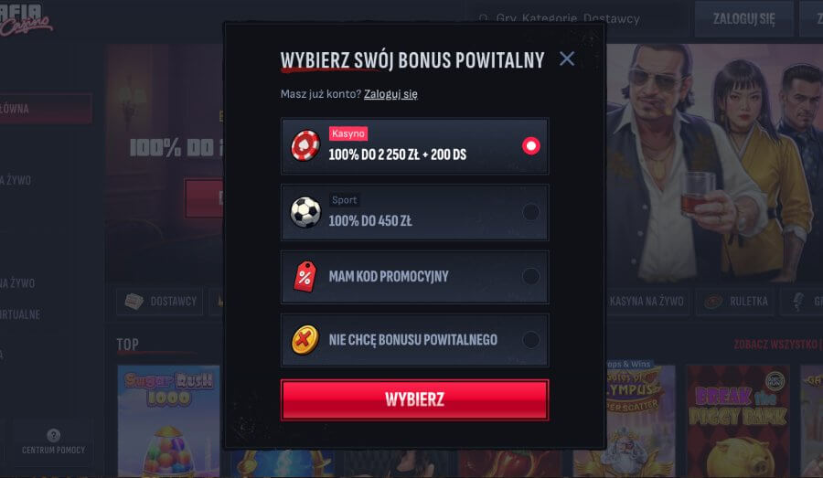 Rejestracja konta w Mafia Casino